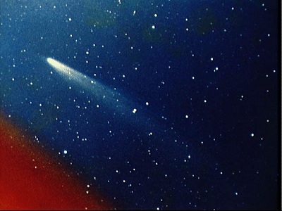 Comets are <a href="/comets/comet_nucleus.html&edu=elem">lumps</a> of ice
and dust that periodically come into the center of the solar system from
its <a href="/comets/Oort_cloud.html&edu=elem">outer
reaches</a>.
Some comets make <a href="/comets/perihelion_pass.html&edu=elem">repeated
trips</a> to the inner
solar system. When comets get close enough to the Sun, heat
makes them start to <a href="/comets/sublimation.html&edu=elem">evaporate</a>.
Jets of gas and dust form long
<a href="/comets/tail.html&edu=elem">tails</a> that we can see from
Earth. 
This photograph shows <a href="/comets/comets_table.html&edu=elem">Comet
Kohoutek</a>,
which visited the inner solar system in 1973.  It has an
<a href="/physical_science/physics/mechanics/orbit/orbit_shape_interactive.html&edu=elem">orbit</a> of
about 75,000 years!<p><small><em>Image courtesy of NASA</em></small></p>