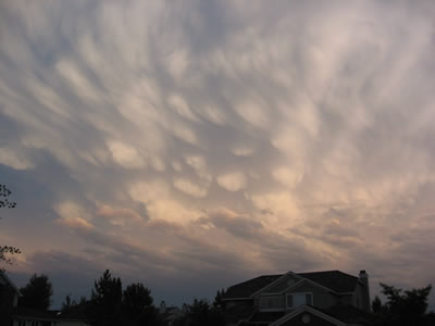 <a
  href="/earth/Atmosphere/clouds/mammatus.html&edu=high&dev=1/earth/Atmosphere/moons/triton_atmosphere.html">Mammatus
  clouds</a> are pouches of clouds that hang underneath the base of a cloud.
  They are usually seen with <a
  href="/earth/Atmosphere/clouds/cumulonimbus.html&edu=high&dev=1/earth/Atmosphere/moons/triton_atmosphere.html">cumulonimbus
  clouds</a> that produce very <a
  href="/earth/Atmosphere/tstorm.html&edu=high&dev=1/earth/Atmosphere/moons/triton_atmosphere.html">strong
  storms</a>. This photograph of mammatus clouds was taken on June 21, 2006 in
  Boulder, Colorado, at sunset. Notice how the light from the sun highlights
  the round features of these clouds.<p><small><em>       Courtesy of Roberta Johnson</em></small></p>