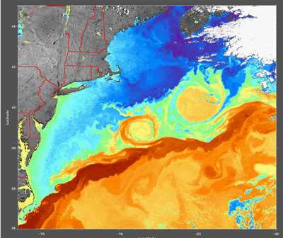 Two large warm water eddies are swirling to the north of the <a href="/earth/Water/gulf_stream.html&edu=elem&dev=1/earth/Atmosphere/moons/triton_atmosphere.html">Gulf Stream current</a> in this satellite image recorded with the AVHRR sensor (Advanced Very High Resolution Radiometer) aboard a NOAA satellite on June 11, 1997. Blue colors indicate cooler water, while yellow and orange colors indicate warmer water.<p><small><em>Courtesy of the Ocean Remote Sensing Group, Johns Hopkins University Applied Physics Laboratory</em></small></p>