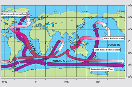 The <a
  href="/earth/Water/circulation1.html&edu=high&dev=1/earth/Atmosphere/moons/=/earth/climate/cli_greengas.html">thermohaline
  circulation</a>, often referred to as the ocean's "conveyor belt",
  links major surface and deep water currents in the Atlantic, Indian, Pacific,
  and Southern Oceans. This pattern is driven by changes in water <a
  href="/earth/Water/temp.html&edu=high&dev=1/earth/Atmosphere/moons/=/earth/climate/cli_greengas.html">temperature</a>
  and <a
  href="/earth/Water/salinity.html&edu=high&dev=1/earth/Atmosphere/moons/=/earth/climate/cli_greengas.html">salinity</a>
  that change the <a
  href="/earth/Water/density.html&edu=high&dev=1/earth/Atmosphere/moons/=/earth/climate/cli_greengas.html">density</a>
  of seawater.<p><small><em> Image courtesy <a href="http://www.clivar.org/publications/other_pubs/clivar_transp/d3_transp.htm">CLIVAR</a> (after W. Broecker, modified by E. Maier-Reimer).</em></small></p>