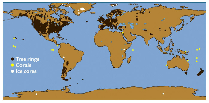 World map showing places from which tree ring samples have been gathered.