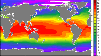 Un <a href="/earth/climate/cli_define.html&lang=sp">clima regional </a> es el promedio de los estados del tiempo en un lugar durante ms de treinta aos, incluyendo las variaciones en las <a href="/earth/climate/cli_seasons.html&lang=sp">temporadas</a>. El clima de una regin depende de muchos factores, incluyendo luz del sol, altitud, topografa y proximidad a los ocanos. Esta imagen muestra como la temperatura superficial del mar cambia en diferentes latitudes.<p><small><em>                    NOAA.</em></small></p>