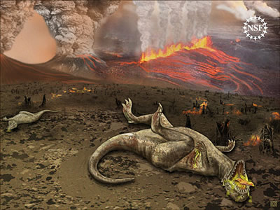 Why did the dinosaurs go <a href="/earth/past/KTextinction.html&edu=high&dev=1/earth/Atmosphere/moons/triton_atmosphere.html">extinct</a>? No one knows for sure, and scientists have come up with a number of theories to explain why the dinosaurs suddenly died out about <a href="/earth/past/geologic_time.html&edu=high&dev=1/earth/Atmosphere/moons/triton_atmosphere.html">65 million years ago</a>. It wasn't just the dinosaurs that went extinct--roughly two thirds of all of the plant and animal species on Earth disappeared, too!<p><small><em>Image courtesy of the National Science Foundation.</em></small></p>