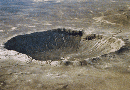 This is the Barringer Meteor Crater in Arizona. The diameter is 1.2
  kilomters, and it is 49,000 years old. Compared with other planets, <a
  href="/earth/Interior_Structure/crater.html&dev=1/earth/Atmosphere/moons/triton_atmosphere.html">impact
  craters</a> are rare <a
  href="/earth/Interior_Structure/surface_features.html&dev=1/earth/Atmosphere/moons/triton_atmosphere.html">surface
  features</a> on Earth. There are two main reasons for the low number of
  craters. One is that our <a
  href="/earth/Atmosphere/overview.html&dev=1/earth/Atmosphere/moons/triton_atmosphere.html">atmosphere</a>
  burns up most <a
  href="/our_solar_system/meteors/meteors.html&dev=1/earth/Atmosphere/moons/triton_atmosphere.html">meteoroids</a>
  before they reach the surface. The other reason is that Earth's surface is <a
  href="/earth/interior/plate_tectonics.html&dev=1/earth/Atmosphere/moons/triton_atmosphere.html">continually
  active</a> and erases the marks of craters over time.<p><small><em>D. Roddy and LPI</em></small></p>
