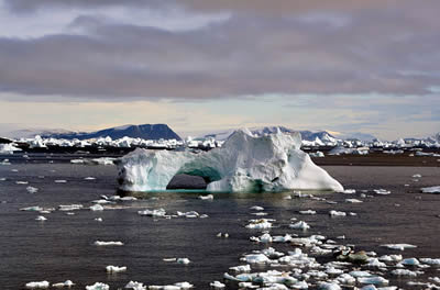Icebergs floating near Cape York, Greenland
  in September 2005. Icebergs are large pieces of ice floating in
  the <a href="/earth/Water/ocean.html&edu=elem&dev=">ocean</a>
  that have broken off of <a
  href="/earth/polar/cryosphere_glacier1.html&edu=elem&dev=">ice
  shelves or glaciers</a> in <a
  href="/earth/polar/polar.html&edu=elem&dev=">Earth's polar
  regions</a>. They are a part of the <a
  href="/earth/polar/cryosphere_intro.html&edu=elem&dev=">cryosphere</a>.
  Approximately 90% of an iceberg's <a
  href="/glossary/mass.html&edu=elem&dev=">mass</a> is below
  the surface of the seawater. Because ice is less dense than water, a small
  portion of the iceberg stays above the seawater.<p><small><em>Image courtesy of   Mila Zinkova, Creative Commons Attribution ShareAlike license</em></small></p>
