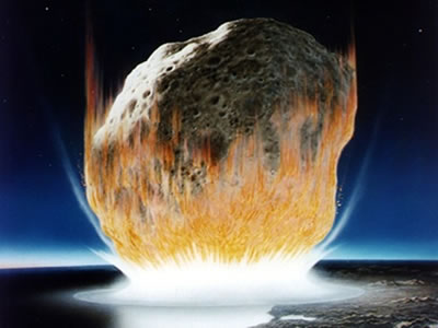 An artist's rendering of the moment of impact of a massive <a
  href="/our_solar_system/meteors/meteors.html&edu=high">meteorite</a>
  at the end of the Cretaceous (at the end of the <a
  href="/earth/geology/hist_mesozoic.html&edu=high">Mesozoic
  Era</a>). Many
  scientists have concluded for decades that a meteorite four to six kilometers
  in diameter impacted the Earth at this time, resulting in a <a
  href="/earth/past/KTextinction.html&edu=high">mass extinction
  of dinosaurs</a> and many other life forms. Recent research suggests that
 perhaps <a
  href="/headline_universe/olpa/chicxulub.html&edu=high">massive
  volcanic eruptions</a> may be been responsible for the extinction.<p><small><em>Courtesy of Don Davis, NASA</em></small></p>