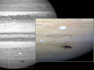 Anthony Wesley is an amateur astronomer in Australia. On the night of July
19, 2009, Wesley noticed a dark spot on
<a href="/jupiter/jupiter.html&dev=1/earth/Atmosphere/moons/triton_atmosphere.html">Jupiter</a> that
hadn't been there before. He had discovered the remains of a huge
impact on Jupiter! Find out more
<a href="/jupiter/jupiter_impact_july_2009.html&dev=1/earth/Atmosphere/moons/triton_atmosphere.html">here</a>.<p><small><em> Images courtesy of NASA, ESA, and H. Hammel (Space Science Institute, Boulder, Colo.), and the Jupiter Impact Team.</em></small></p>
