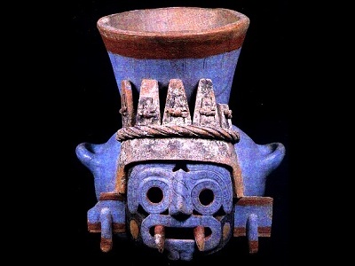 <a href="/mythology/tlaloc_rain.html&edu=elem&dev=">Tlaloc</a> was an important deity of <a href="/earth/Atmosphere/precipitation/rain.html&edu=elem&dev=">rain</a> and fertility of the Aztec mythology, associated with caves, springs, and mountains. Tlaloc was depicted as a man wearing a net of <a href="/earth/Atmosphere/cloud.html&edu=elem&dev=">clouds</a>, a crown of heron feathers, foam sandals and carrying rattles to make thunder. While he was thought to sustain life, he was also feared for sending <a href="/earth/Atmosphere/precipitation/hail.html&edu=elem&dev=">hail</a>, <a href="/earth/Atmosphere/tstorm/tstorm_lightning.html&edu=elem&dev=">thunder and lightning</a>.  This image shows Tlaloc on a multicolor ceramic vessel from the Great Temple of Tenochtitlan.<p><small><em>Image courtesy of the Museo del Templo Mayor, Mexico.</em></small></p>